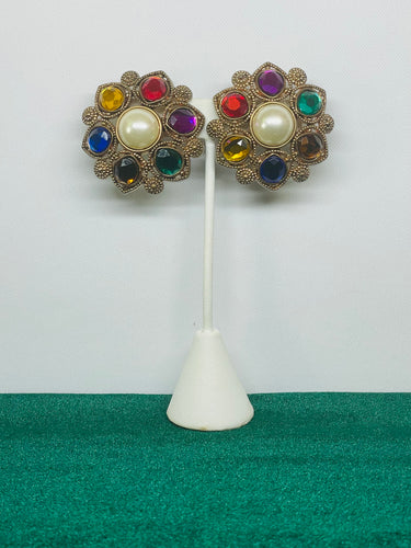 Rainbow Rhinestone Clip On Earrings with Faux Pearl Center